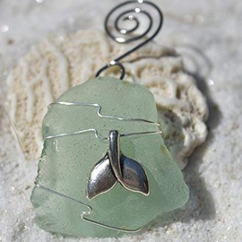 Custom Surf Tumbled Sea Glass Ornament with a Silver Whale's Tail Charm - Choose Your Color Sea Glass Frosted, Green, and Brown.