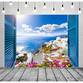 Loccor 10x8ft Fabric Greece Backdrop Aegean sea Traditional Architecture Flowers Window Scenery Photography Background Momma Mia Theme Birthday Party Decorations Wedding Portrait Photo Booth Props