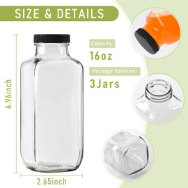 16 oz Glass Juice Bottles with Lids 3 Pack,Reusable Water Bottle,Juicing Bottles for Smoothies, Milk, Storage, Small and portable