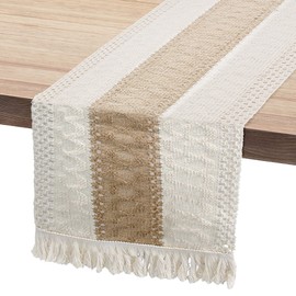 Time to Sparkle 2PCS 30X280CM Natural Cotton Linen Table Runner with Tassels Woven Hollow Farmhouse Table Runner Style Table Runner for Wedding Bridal Shower Home Dining Table Decor