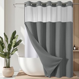 VANZAVANZU Hookless Shower Curtain with Mesh Top and Snap in Waterproof Liner, Waffle Weave, Weighted Magnets Hem, Machine Washable, 72 x 75 Inches – (Gray)
