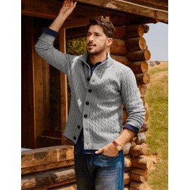 PJ PAUL JONES Mens Cardigans Sweater Button Down Stand Collar Sweater Knitted Twisted Sweaters Light Grey