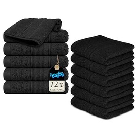 EDB 12 Piece Cotton Washcloths Set (500 GSM) Flannel Face Cloths (30cm x 30cm) Highly Absorbent Fingertip Towels 100% Soft Cotton Hotel Quality (Black, 12)
