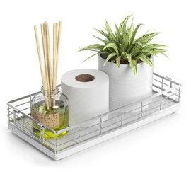 JNFUZ Toilet Paper Basket, 13 Inch Oak and Iron Bathroom Tank Tray Top of Toilet Storage Toiletries Organizer for Bathroom, Living Room and Kitchen (White)