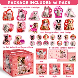 42 Pack Pet Valentine's Day Card Set for Kids with DIY Box, Dog and Cat Designs, for School Classroom Exchanges, Boys and Girls Valentine's Day Gifts(1 Mailbox, 42 Cards, 42 Stickers）