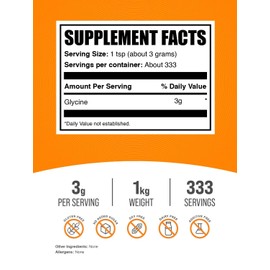BulkSupplements.com Glycine Powder - Glycine Supplements, Amino Acid Supplement - Unflavored & Gluten Free, 3g per Serving, 1kg (2.2 lbs) (Pack of 1)