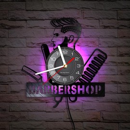 Timethink 12 Inch Barber Shop LED Wall Clock with 7 Colors Changing, Vintage Decorative Analog Black Vinyl Record Wall Clock Silent Quartz Non Ticking for Barber Shop Decor Hairdressers Gifts