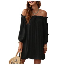 OYOANGLE Women's Swimsuit Cover Ups Off Shoulder Long Sleeve Beach Dress Frill Trim Swimwear Black Medium
