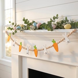 7.5 FT Easter Bunny & Carrot Garland, Felt and Wooden Beads Bunny Garland | Rustic Farmhouse Easter Decorations for Home Bar Party, Shelf Display, Fireplace, Wall Decor
