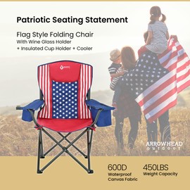 ARROWHEAD OUTDOOR Portable Folding Camping Quad Chair w/ 6-Can Cooler, Cup & Wine Glass Holders, Heavy-Duty Carrying Bag, Padded Armrests, Headrest & Seat, Supports up to 450lbs, American Flag