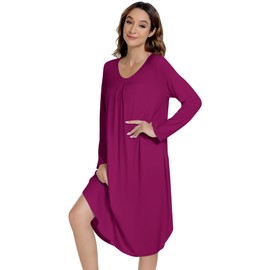 NACHILA Nightgowns for Women-Viscose Made from Bamboo, Long Sleeve Sleep Dress V Neck Sleepwear Pleated Sleepshirts Dark Purple X-Large