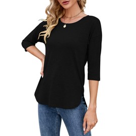 Kancystore Black Shirts for Women Casual Batwing 3/4 Sleeve Cotton Loose Fitting Fall Tops M