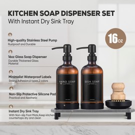 NEECZS Kitchen Soap Dispenser Set with Instant Dry Tray,16 Oz Hand and Dish Soap Amber Glass Dispenser Set,Stainless Steel Pump,Waterproof Labels&Bamboo Brush,Luxury Soap Bottle for Kitchen,Bathroom