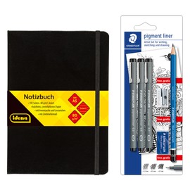 Idena 90332 Notebook DIN A5 with 192 Pages, Lined, Includes Staedtler Artist Set with 3 Pigment Liners, Pencil, Sharpener and Eraser
