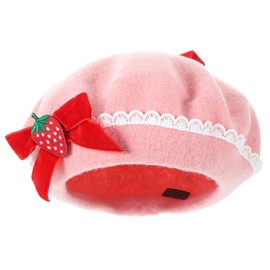 Abaodam Strawberry Beret Hat with Bowknot Berets Wool Material Decorative Fashion Hat Clothing Accessories for Strawberry Shortcake Strawberry Pink