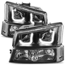 Headlight Assembly Compatible with Chevy Avalanche 03-06 Silverado 1500 2500 HD 3500 Classic 2007 J-shaped LED DRL Headlamps with Bumper Lights GM2521185 GM2520185 CAAP-CS03-3DJJ-BKCL-HL