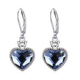 Blue Heart Crystal Drop Earring Birthstone Earrings S925 Sterling Silver Crystal Dangle Leverback Earrings Jewelry Gifts for Women Wife Birthday Christmas, 1.14*0.47 inch, Sterling Silver, crystal