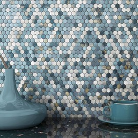 BeNice Peel and Stick Backsplash Kitchen Mosaic Tiles Penny Hexagon Small Metal Stickers(5PCS,Blue Stripe)