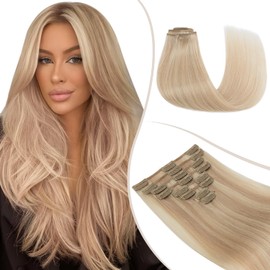 TESS Clip in Hair Extensions Real Human Hair Highlighted Remy Seamless 8 Pieces Straight Short for Women/Girls (#16P22 Light Blonde Highlighted Golden Blonde, 10 Inch 50g)