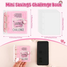 Mafegu Mini Money Saving Binder with 25 Envelopes, $1000 Savings Challenge Book, Portable for Budgeting Cash Planner,School Class Prize Gift (Pink, $1000)