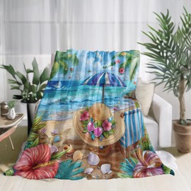 zbezbe Tropical Beach Flannel Blanket Summer Seaside Scene Hat Umbrella Shell Palm Tree Throw Blankets Lightweight Soft for Party Chair Bed Sofa Camping Travel,Home Decor,Gifts Women,50x60in
