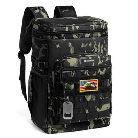 Cambond Backpack Cooler 38 Cans Tactical Lunch Backpack for Men Work - Soft Cooler Backpack Insulated Waterproof Leak Proof - Color: Black Camo-with One Front Pocket, Capacity: 25L