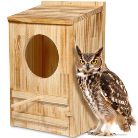 ONKO - Gran casa de búho con cuernos, 23 x 14 x 10 pulgadas, caja anidable de búho para exterior, casa nido de madera, apertura circular,...
