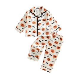 Kids Hlloween Christmas Pajamas Toddler Girl Ghost/Santa Button Down Tops Pants Baby Sleepwear Silk Satin Pjs Set (Pumpkin Apricot, 18-24 Months)