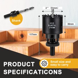 51mm Hole Saw for Metal and Wood, 2 inch HSS Bi-Metal Circular Drill Cutter with Pilot Bit for Plate Steel, Sheet Iron, Ceiling Board, Acrylic Panel, 7/16” Hex Shank