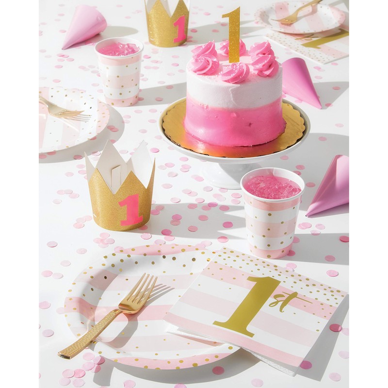 Creative Converting Stripe and Dots 1st Birthday Lunch Napkins, Pink/Gold,