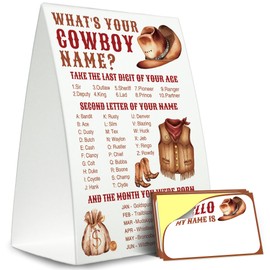 Cowboy Party Decor,5×7 What is Your Cowboy Name Game, Perfect for Birthday Party Activities 1 Standing Sign + 30 Stickers