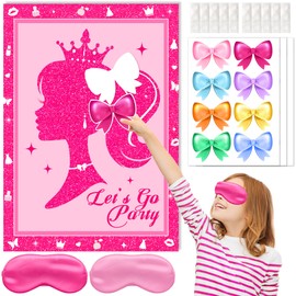 KULUJIA Hot Pink Girl Party Game Supplies, Pin The Bow Sticker on The Head, Pink Girl Princess Party Game, Large Poster with 24Pcs Bow Stickers Favors for Kids Girls Birthday (Sparkly Pink)