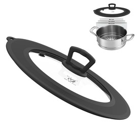 Vented Tempered Glass Universal Lid for Pot Pan Skillet with Heat Resistant Silicone Rim Microwave Splatter Lid Cover Microwave Safe Fit 8” 8.5” 9“ Cookware, Dishwasher Safe Black