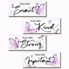DONFENTHY 4 Pcs Butterfly Wall Decor Purple Room Decor Wooden Positive Decor with Butterfly Inspirational Word Sign for Teen Girls Women Room Bathroom Bedroom Office Decor(Purple,10x4 Inch)