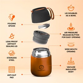 Vacuum Insulated Food Jar. Bowl incl. Folding Spoon, Cup. Wide Mouth Keep Hot & Cold Drinks Soup Lunch Container for Adults. BPA-Free Stainless Steel, Leak Proof Spiced Copper, 17oz