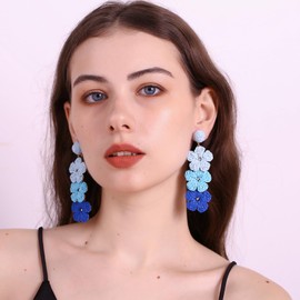 RUOFFETA Raffia Flower Earrings, Raffia Straw Wrapped Flower Drop Dangle Earrings Summer Tropical Beach Jewelry(Blue Ombre)