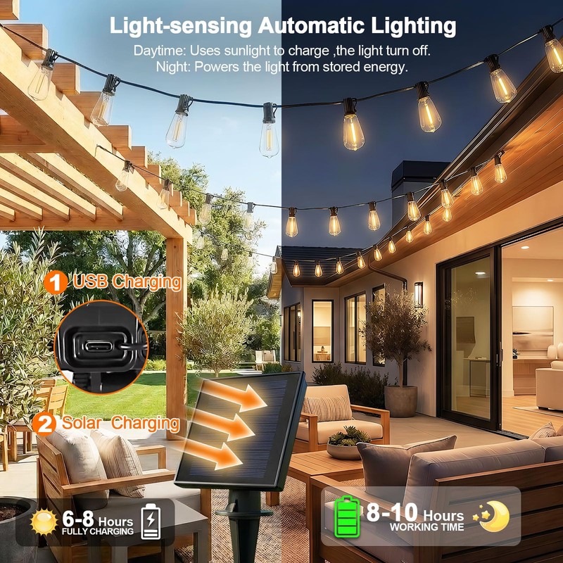 YaaFen 52FT Solar String Lights Outdoor Waterproof Patio Lights with