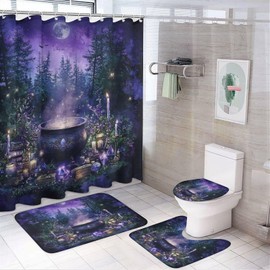 DIPQIMI 4Pcs Mysterious Witch Cauldron Shower Curtain Sets with Rugs, Toilet Lid Cover and Bath Mat, Forest Night Bathroom Shower Curtains Set with 12 Hooks