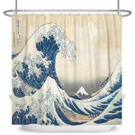 SDOTPMT 69x75inch Japanese Ocean Waves Shower Curtain Abstract Sea Wave Wooden Boat Bath Curtain Ukiyo-e Theme Fuji Mountain Bathtub Curtain for Bathroom Decor Fabric Polyester with Hooks