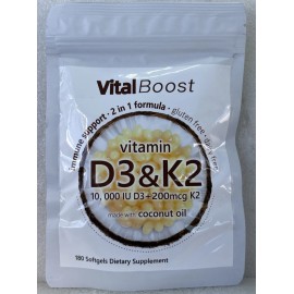 Vital Boost Vitamin D3 10000 iu Plus K2 MK-7 200 mcg Virgin Coconut Oil Softgels