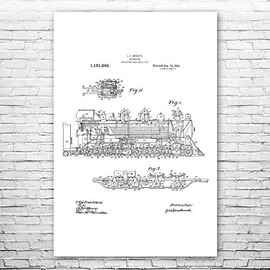Steam Locomotive Poster Print, Railroad Engineer, Conductor Gift, Train Blueprint, Train Station Art, Steampunk Decor Black & White (12 inch x 16 inch)