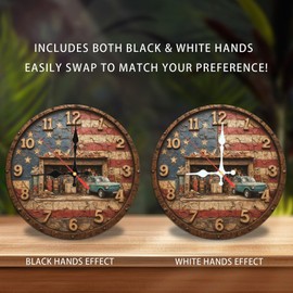 American Flag Garage Clock Unique Vintage Car Decor Wall Clock 10-Inch Wooden Wall Clock, Silent Movement, Battery Operated (AA Batteries Not Included), Artistic Home Decor, Perfect for Home Accents