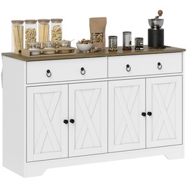 HOMCOM 48" Sideboard Buffet with Storage, Kitchen Storage Cabinet with 2 Drawers and 4 Barn Doors, Farmhouse Coffee Bar Cabinet with Adjustable Shelves, White