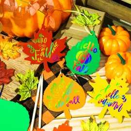 60 Packs Fall Harvest Rainbow Scratch Paper Art Set Fall Decorations Colorful Fall Leaves with 60 Pcs Colored Ribbons 15 Pcs Wooden Stylus for Scratch Art for Kids DIY Autumn Supplies