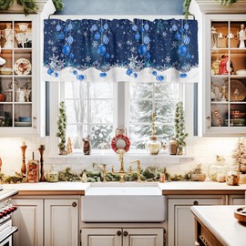 Christmas Valance for Windows,Winter Snowflakes Merry Christmas Ball Ornaments Xmas Snowflake Sparkle Blue Window Treatments 1 Panel Short Curtains for Kitchen Windows Bathroom Bedroom,54 x 18 Inch