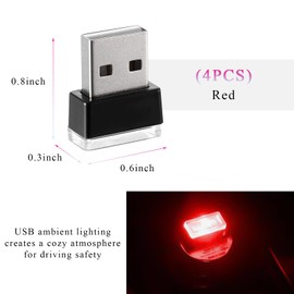 SHMZK 4 PCS USB LED Car Interior Atmosphere Lamp, Mini LED Plug-in USB-Type Interface Trunk Ambient Light, Portable Night Lighting Kit Interior Decor for Vehicle Home Office (Red)