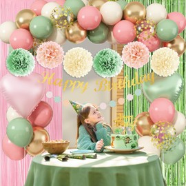 Jobkoo Sage Green Pink Birthday Decorations, Blush Pink Olive Green Gold Sand White Latex Confetti Balloons Boho Happy Birthday Banner Fringe Curtain Pompom for Women Girls Woodland Fairy Party Decor
