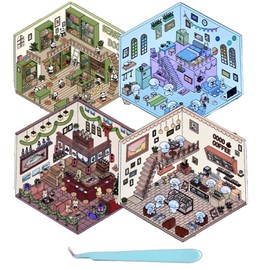 Funny DIY Stickers Scene,4 Sets DIY 3D House Stickers,Make Your Own Sticker Coffee Shop Restaurant Bookstore 3D House Sticker Set Funny Cartoon Scene Stickers for Relief Stress Pass The Time