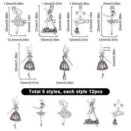 SUNNYCLUE 1 Box 60Pcs 5 Styles Dancer Charm Dance Charms Bulk Assorted Metal Alloy Antique Silver Dancing Ballerina Dancers Dangle Charm for Jewellery Making Charms Earrings Necklace Crafts Supplies