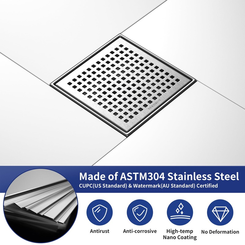 Bernkot Square Shower Drain 6", 304 Stainless Steel Floor Drain